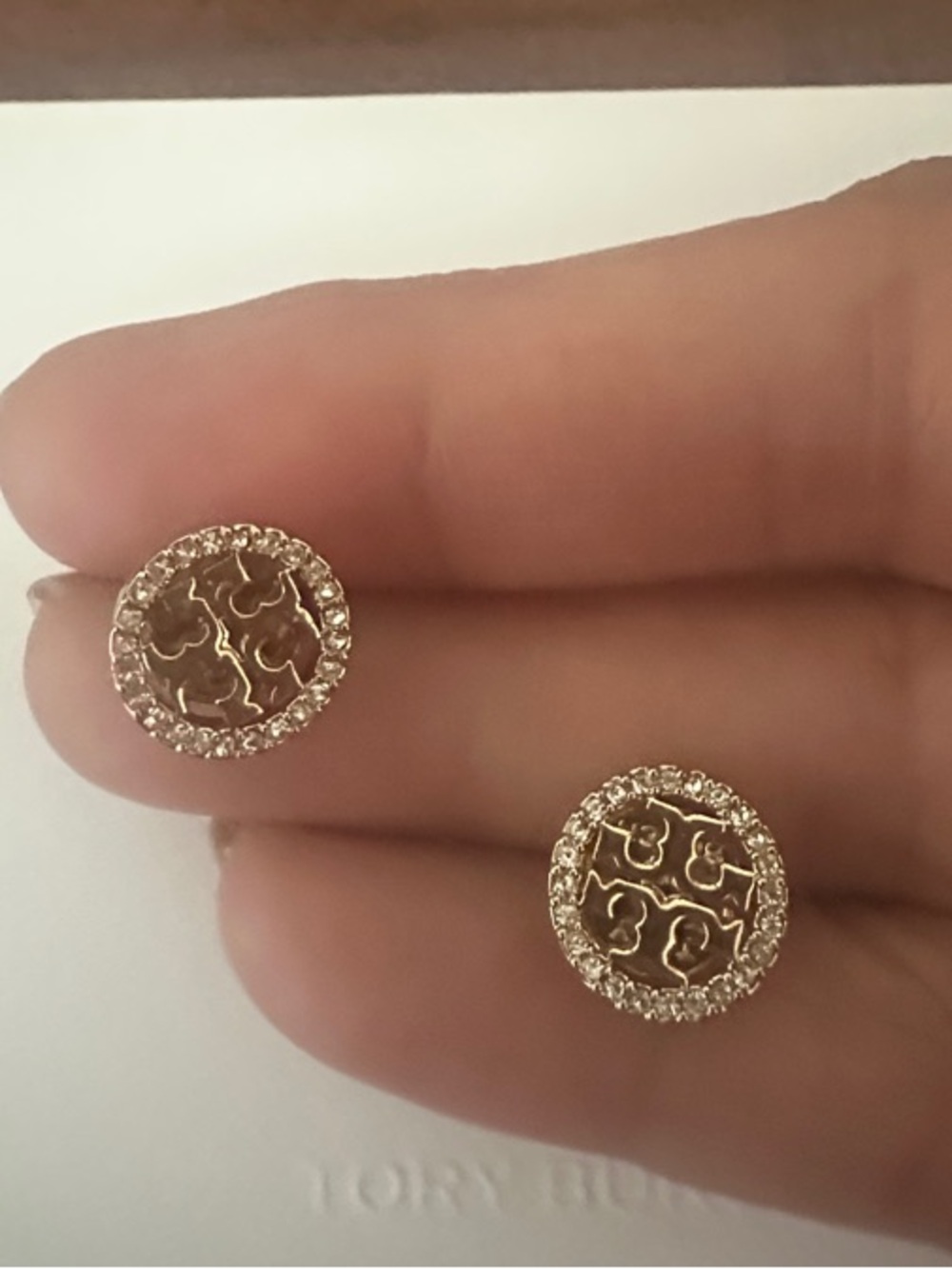 New Tory Burch Gold Logo Crystal Border Studs